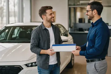 Profissional atendendo cliente para o primeiro emplacamento de veículo.