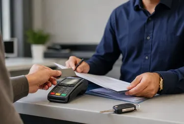 Profissional auxiliando cliente no pagamento de débitos de veículo.