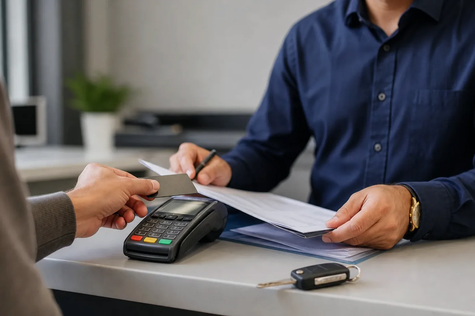 Profissional auxiliando cliente no pagamento de débitos de veículo.
